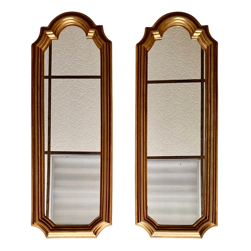 Pair Vintage Bassett Mirror Co Gold Arched Wall Mirrors Hollywood Regency 1970s